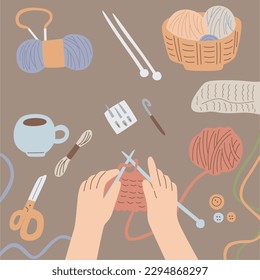 Vector illustration set of art supplies, tools for knitting and embroidery.
