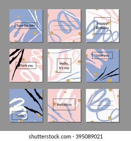 Vector illustration set of artistic colorful universal cards. Wedding, anniversary, birthday, holiday, party. With trendy colors rose quartz and serenity and golden glitter texture