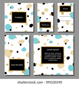 Vector illustration set of artistic colorful universal cards. Wedding, anniversary, birthday, holiday, party. Design for poster, card, invitation. With golden glitter texture