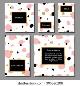 Vector illustration set of artistic colorful universal cards. Wedding, anniversary, birthday, holiday, party. Design for poster, card, invitation. With golden glitter texture