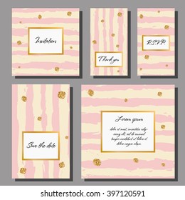 Vector illustration set of artistic colorful universal cards. Wedding, anniversary, birthday, holiday, party. Design for poster, card, invitation. With golden glitter texture