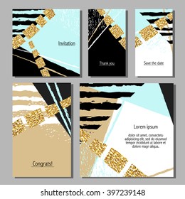 Vector illustration set of artistic colorful universal cards. Wedding, anniversary, birthday, holiday, party. Design for poster, card, invitation. With golden glitter texture
