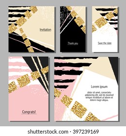 Vector illustration set of artistic colorful universal cards. Wedding, anniversary, birthday, holiday, party. Design for poster, card, invitation. With golden glitter texture