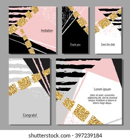 Vector illustration set of artistic colorful universal cards. Wedding, anniversary, birthday, holiday, party. Design for poster, card, invitation. With golden glitter texture