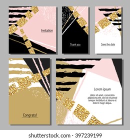 Vector illustration set of artistic colorful universal cards. Wedding, anniversary, birthday, holiday, party. Design for poster, card, invitation. With golden glitter texture