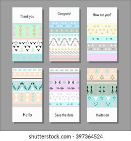 Vector illustration set of artistic colorful universal cards. Wedding, anniversary, birthday, holiday, party. Design for poster, card, invitation. Boho tribal  geometric pattern