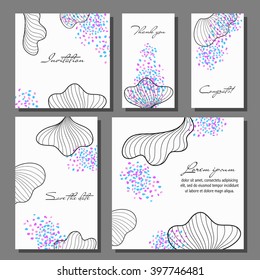 Vector illustration set of artistic colorful universal cards. Brush textures. Wedding, anniversary, birthday, holiday, party. Design for poster, card, invitation.
