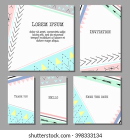 Vector illustration set of artistic colorful universal cards. Wedding, anniversary, birthday, holiday, party. Design for poster, card, invitation. Boho tribal  geometric pattern