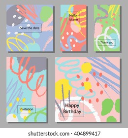 Vector illustration set of artistic colorful universal cards. Brush textures. 