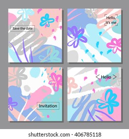 Vector illustration set of artistic colorful universal cards. Brush textures. Wedding, anniversary, birthday, holiday, party. Design for poster, card, invitation.