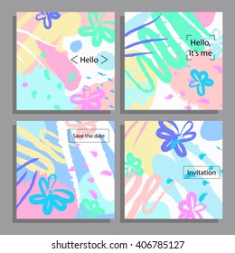 Vector illustration set of artistic colorful universal cards. Brush textures. Wedding, anniversary, birthday, holiday, party. Design for poster, card, invitation.