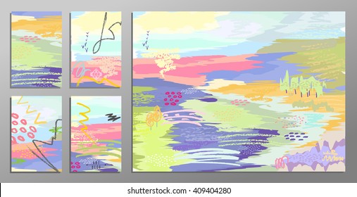 Vector illustration set of artistic colorful universal cards. Brush textures. Wedding, anniversary, birthday, holiday, party. Design for poster, card, invitation. Painting in the impressionism style.