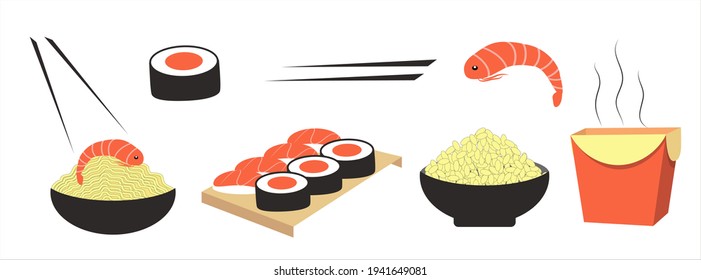 vector illustration of a set of Asian cuisine dishes, sushi, rolls, wok, rice, noodles. Chinese, Japanese cuisine. food delivery, menu. flat illustration for sites. applications, magazines