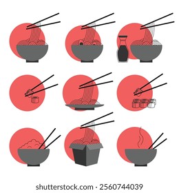 Vector illustration of a set of Asian food. Ramen, Noodles, Rolls, Sushi, Rice, Soy sauce. Hot food. Icons of dishes.