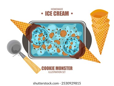 Vector illustration set of assorted colors and flavors of gelato ice cream on a tray, cookie monster, chocolate, ice cream scoop, crispy waffle cone. Dessert menu, ice cream isolated illustration.
