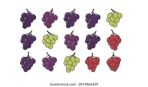 Vector illustration set of assorted grape clusters including deep purple, vibrant green, and red varieties, isolated on a white background in a clean flat graphic art style.