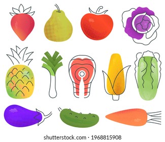 Vector illustration of set of assorted multicolored fruits and vegetables and fish drawn in minimalist style. Healthy food. No gradients. 