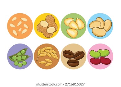 Conjunto de Ilustración vectorial de semillas y frijoles variados con coloridos fondos circulares, perfecto para la agricultura, la alimentación y temas botánicos.
