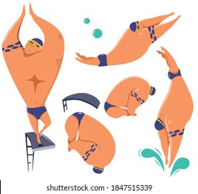 Vector illustration - set of athlete jumping into the water from a springboard