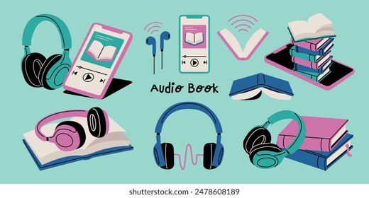 Vector illustration set of audiobook related items