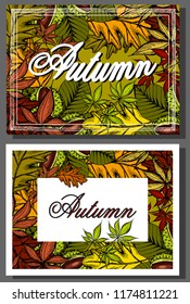Vector illustration of set Autumn background. Ink sketch hand drawn colorful chestnuts, leaves. Vintage style. Engraved leaf. Nature fall template for design banner, ticket, leaflet, card, poster.