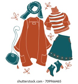 Vector illustration set of autumn clothes, shoes and accessories. Fall fashion look