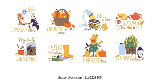 Vector illustration set of autumn elements with quotes. Fall hand draw lettering. Stickers bundle