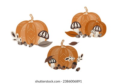 Vector illustration set of autumn pumpkin, mushroom and acorn. Fall plant composition is perfect for Thanksgiving Day decor, invitation or greeting card