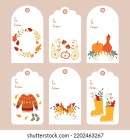 Vector illustration of a set of autumn tags and labels. Gift tags with pumpkins, sweater and autumn motifs
