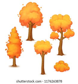 Vector illustration. Set of autumn trees with yellow-orange leaves isolated on white background.