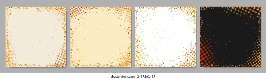 Ilustración vectorial. Conjunto de Anuncios de moda de otoño. Fondo de marco de hojas caídas con puntos de semitono. Viejo efecto de papel rayado. Diseño para Plantilla de redes sociales, Anuncio de Web, cubierta cuadrada, superposición