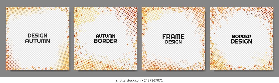 Vector illustration. Set of autumn trendy banners. Falling leaves frame background with halftone dots. Old scratched paper effect. Design for social media template, web banner, square cover, overlay