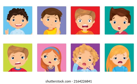 Vector illustration set of avatars with different emotions of children