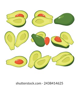 Vector illustration set of avocado fruit icon in cartoon flat style. Bright green whole fruit or vegetables, half, slices, with a large seed. Agriculture food for a healthy diet. Avocado food exotic