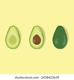 Conjunto de ilustración vectorial de fruta de aguacate en estilo plano de dibujos animados. Producto exótico de frutas sanas. Agricultura aguacate orgánico, entero, en rodajas, sobre fondo de color pastel. Comida de frutas tropicales, verde aguacate