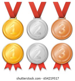 Vector illustration. A set of award medals with ribbons - gold, silver or bronze.