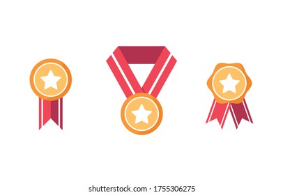 Vector illustration of set of awards. First place icon, victory. Medal with ribbon and medallion on the neck. Good result. Gold Medallion. Red and Yellow. Eps 10