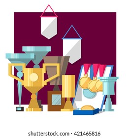 Vector illustration of set of awards, medals, diplomas and award certificate. Gold and silver cups award trophy and medals for the winner