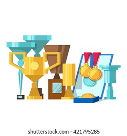 Vector illustration of set of awards, medals, diplomas and award certificate. Gold and silver cups award trophy and medals for the winner