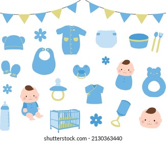 Vector Illustration Set Of Baby Boys And Baby Supplies