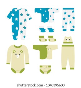 Vector illustration of a set of baby clothes for the newborn on white isolated background. Template for the decor of a store, a poster, an album.