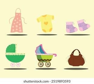 A vector illustration set of baby fashion and essentials, including onesies, bibs, pacifiers, bottles, and toys. Pastel colors and simple designs make it perfect for baby-related projects and products