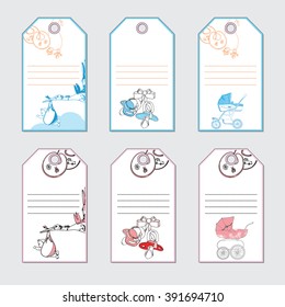 Vector illustration of set baby gift card. Hand drawn design