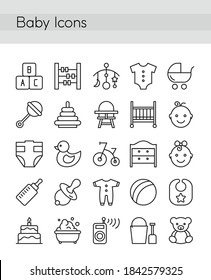 Vector illustration set of baby icons in thin line style. Web icons for social media, collection of infographic elements, motherhood and baby, childhood icons isolated on white background