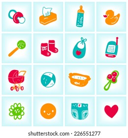 Vector illustration set with baby icons, over blue background 