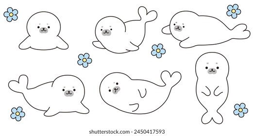 Vector illustration set of baby seals. Icon, ocean, aquarium, antarctica