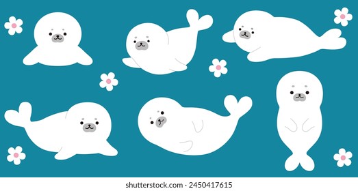 Vector illustration set of baby seals. Icon, ocean, aquarium, antarctica