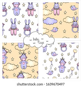 Vector illustration. A set of baby seamless patterns. With simple silhouettes of toys, clouds, stars.  In the style of Doodle, childish, cute. For children's textiles and decor.