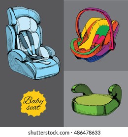 Vector illustration of set baby seat for car. All categories, infant, child and pupil with booster. Security in car, transport. Element for design
