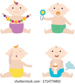 vector illustration set baby situations, sleepy, playing, eating, laughing